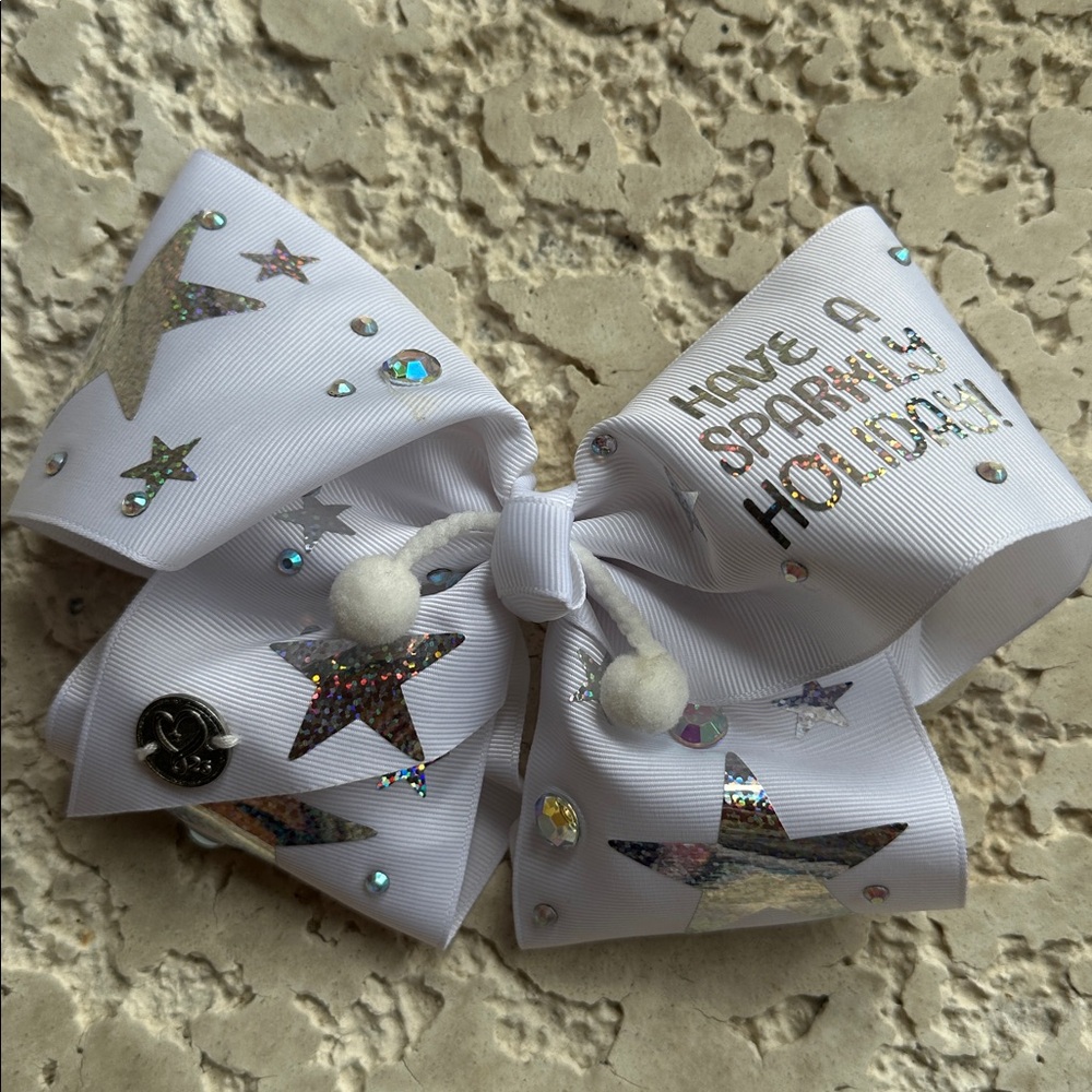 Hair bow Jojo Bow White Holiday Bow with Holographic Stars